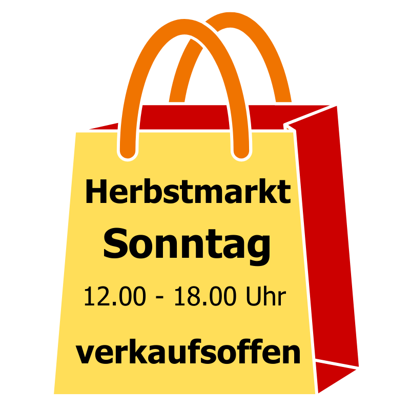eine gelb-rote Einkaufstüte mit dem Aufdruck "Herbstmarkt Sonntag 12.00 - 18.00 Uhr verkaufsoffen"